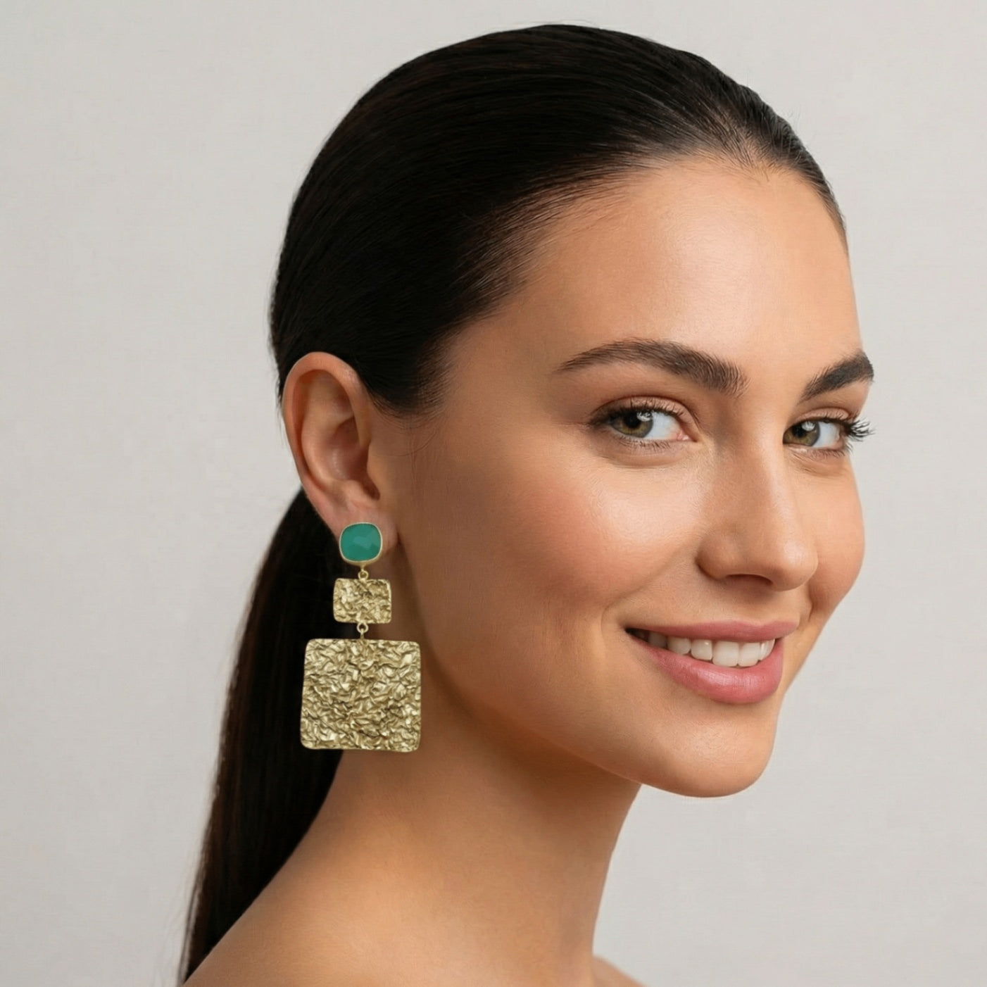 18 Kt Gold Plated 18kt Gold Plated - Green Stone Square Hammered - Dangler Earrings - Perfect for all Occasions Semi Precious stone