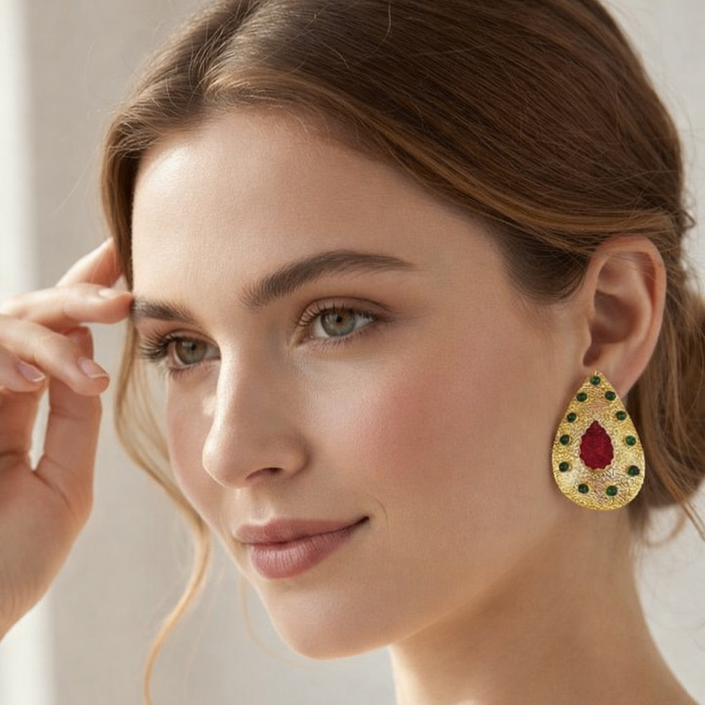 gold with red and green stone earring