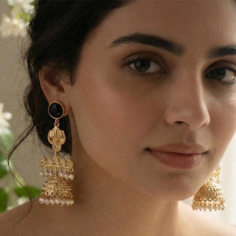 18 Kt Gold Plated Black jhumka Semi Precious stone