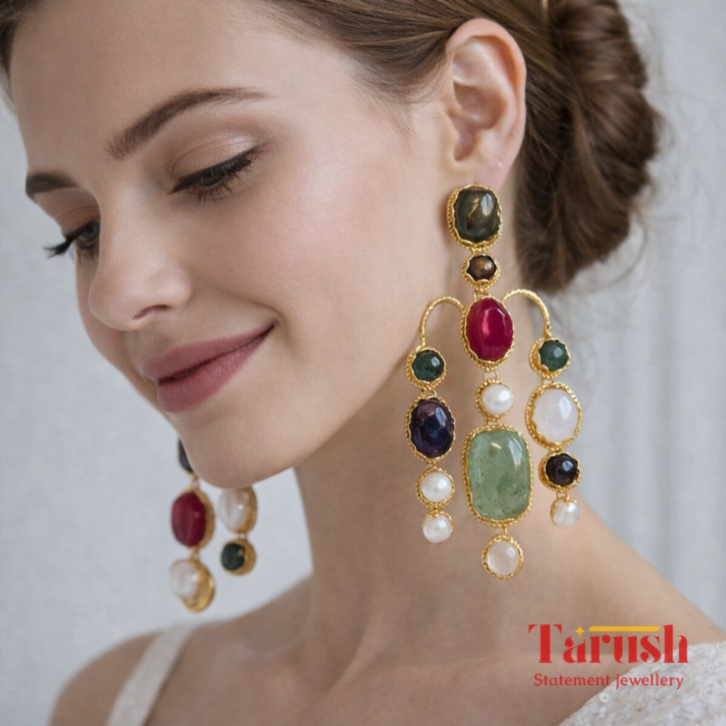 Tarush Premium Multi-Stone Victorian Earrings - Real Gem Stones - Indo-Western Statement Earrings - Stones Colour May Vary