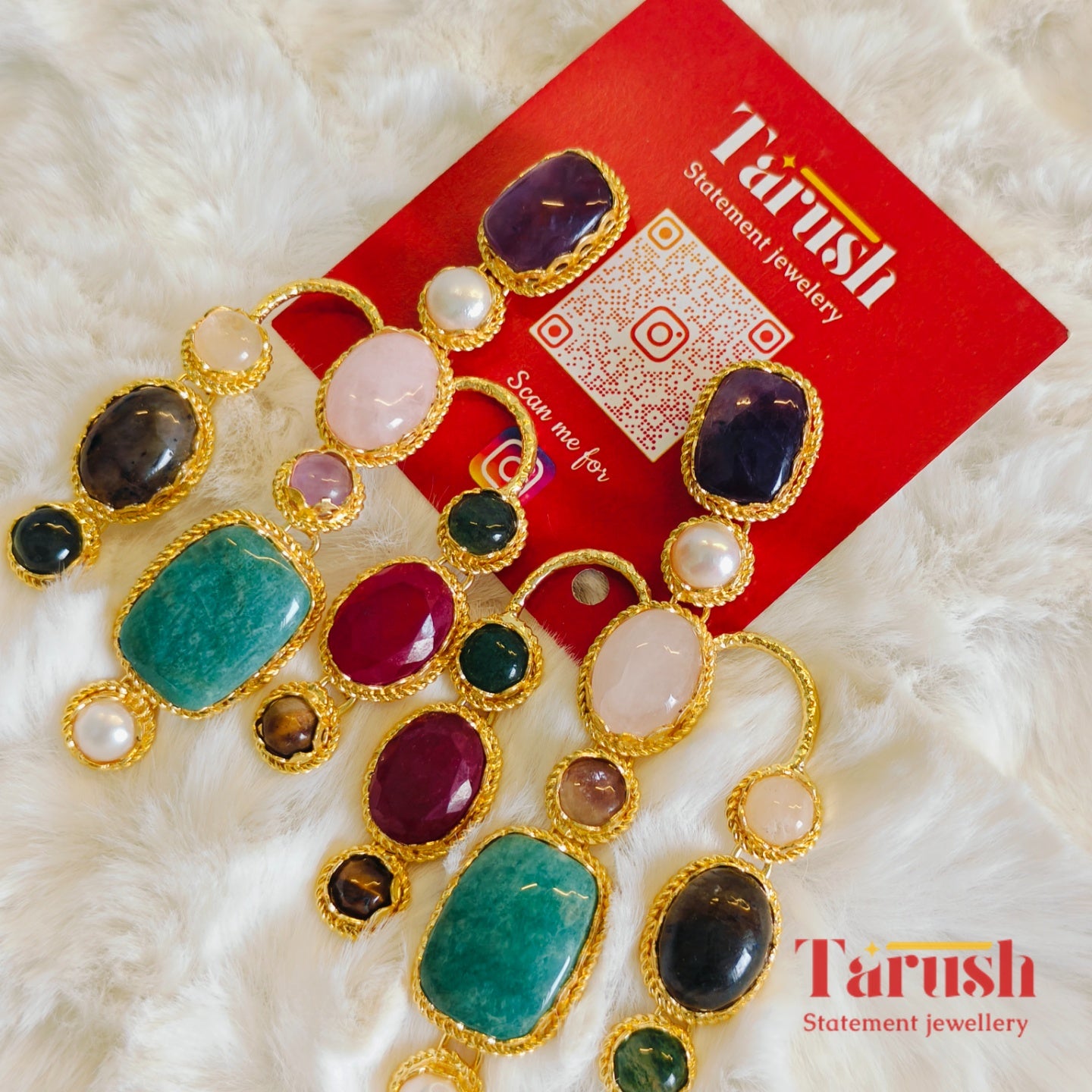 Tarush Premium Multi-Stone Victorian Earrings - Real Gem Stones - Indo-Western Statement Earrings - Stones Colour May Vary