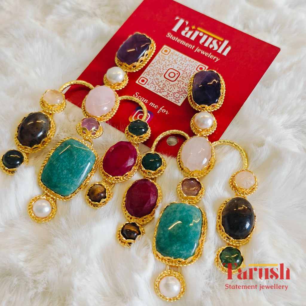 Tarush Premium Multi-Stone Victorian Earrings - Real Gem Stones - Indo-Western Statement Earrings - Stones Colour May Vary