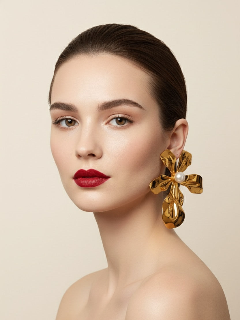 18 Kt Gold Plated SS gold flower big earring Semi Precious stone