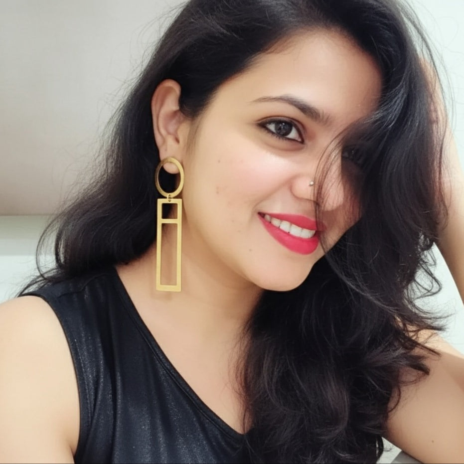 18 Kt Gold Plated Golden long rectangle earring Semi Precious stone