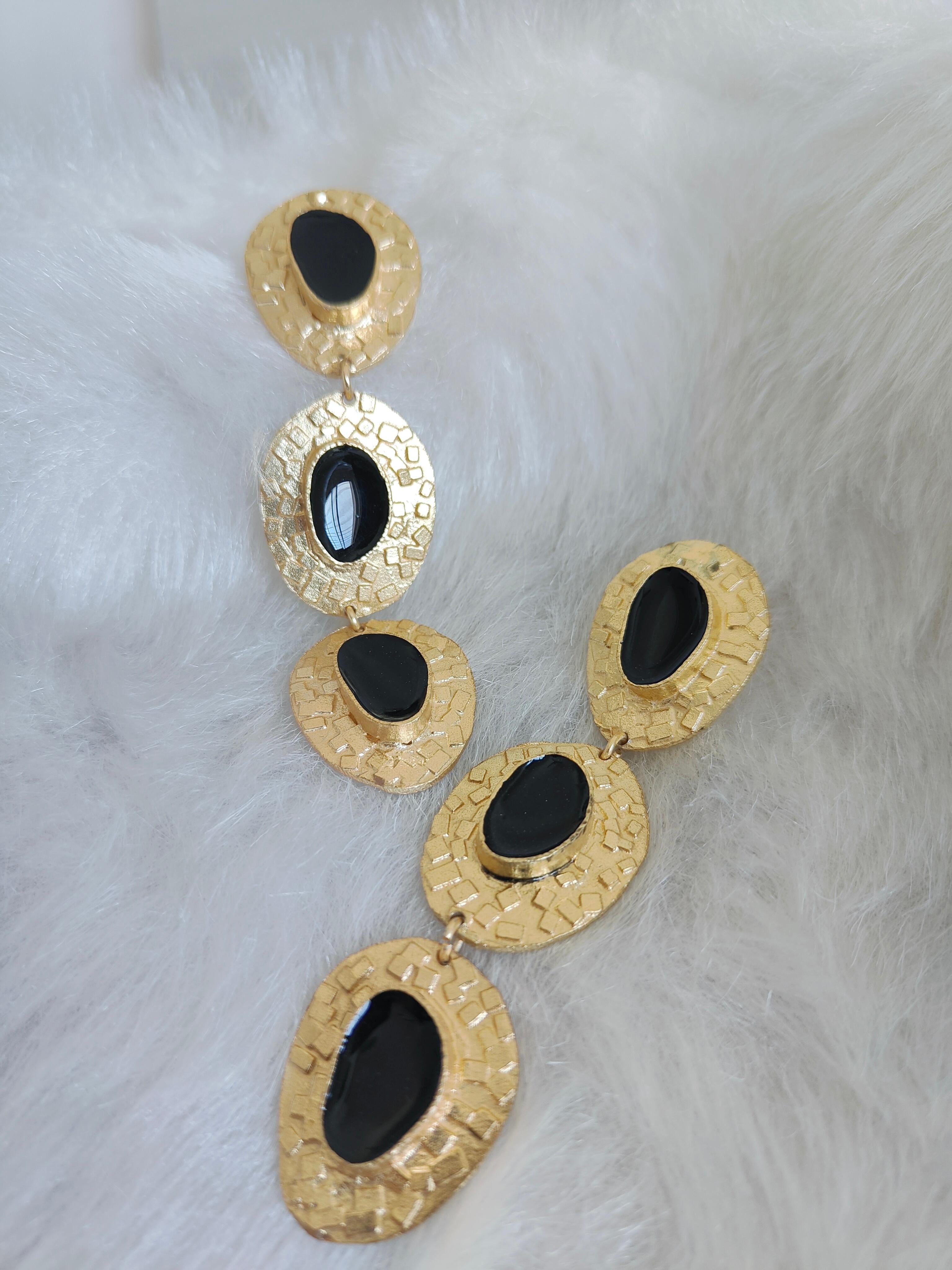 18 Kt Gold Plated 18kt Gold Plated Black Dangler Enamel Earring - Perfect for your Parties Semi Precious stone