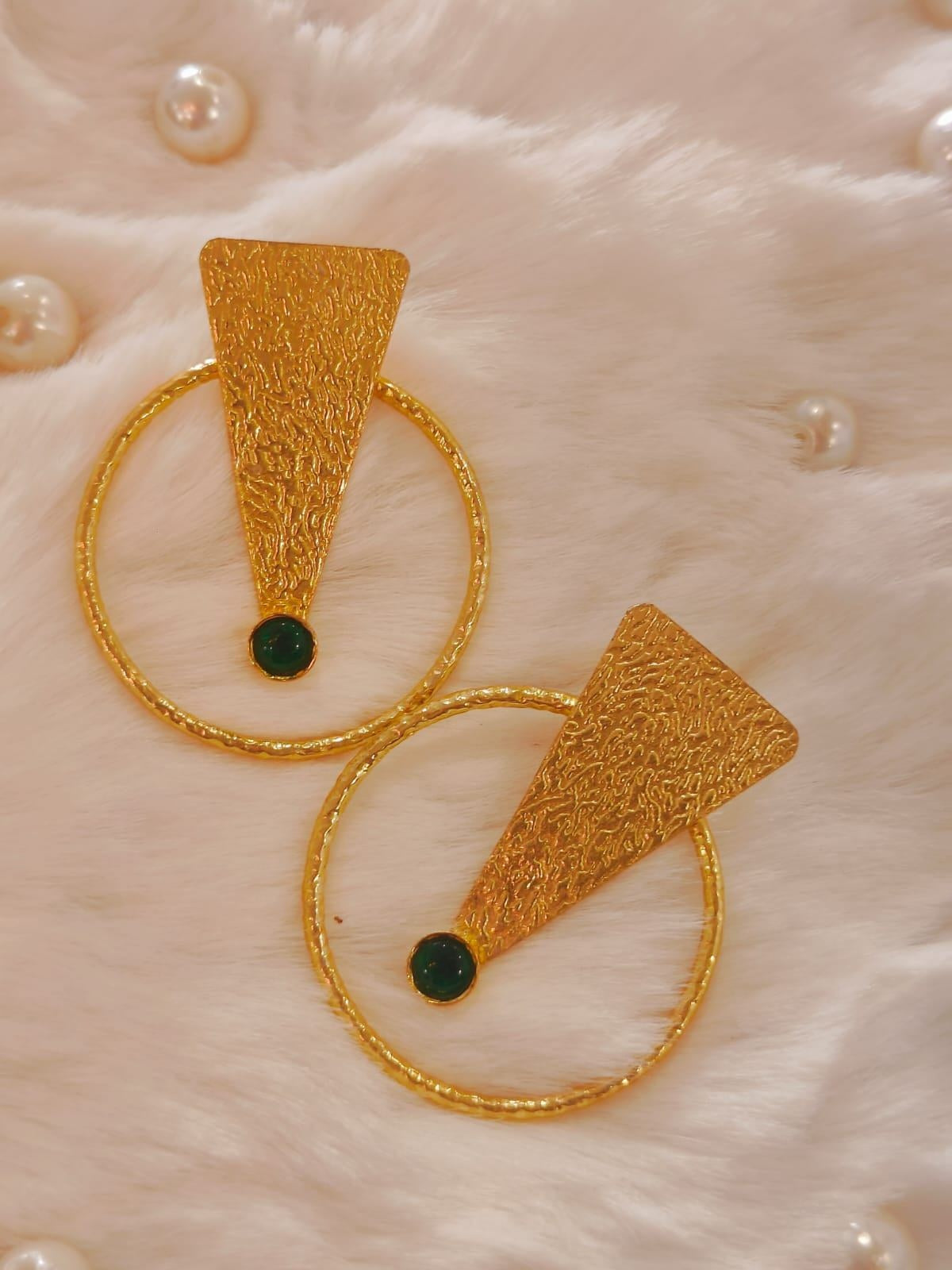 18 Kt Gold Plated Green Round earring Semi Precious stone
