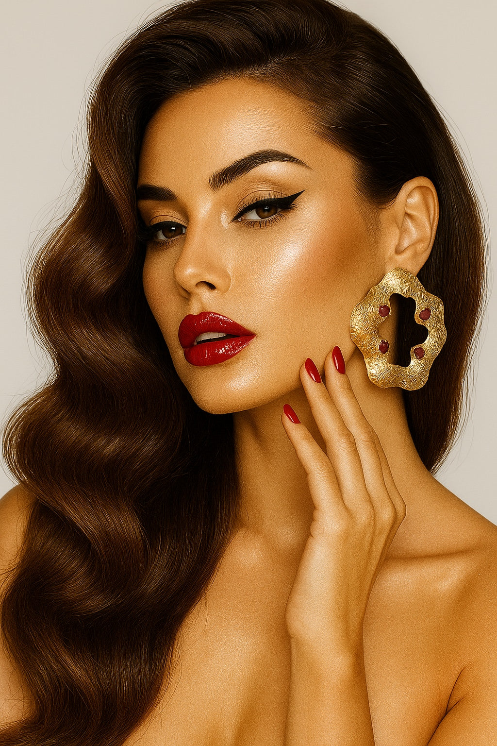 18 Kt Gold Plated Round flowery earring Semi Precious stone