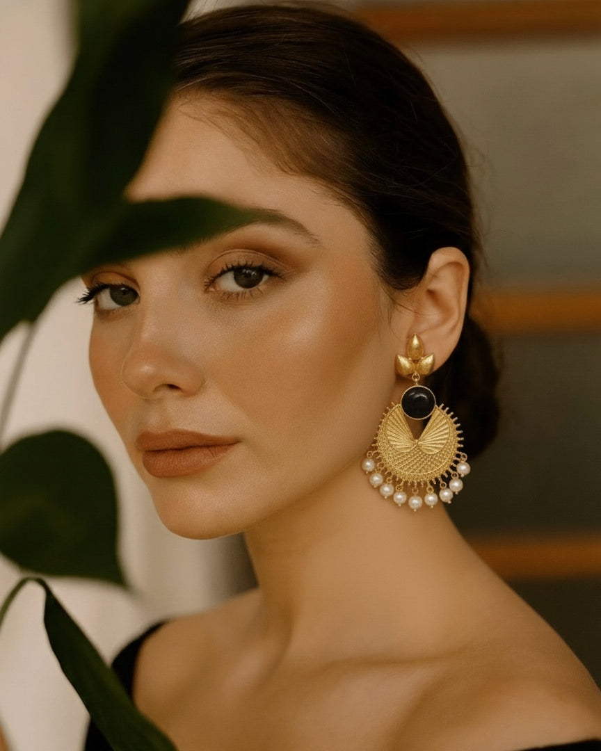 18 Kt Gold Plated Black and white Jhumja earrings Semi Precious stone