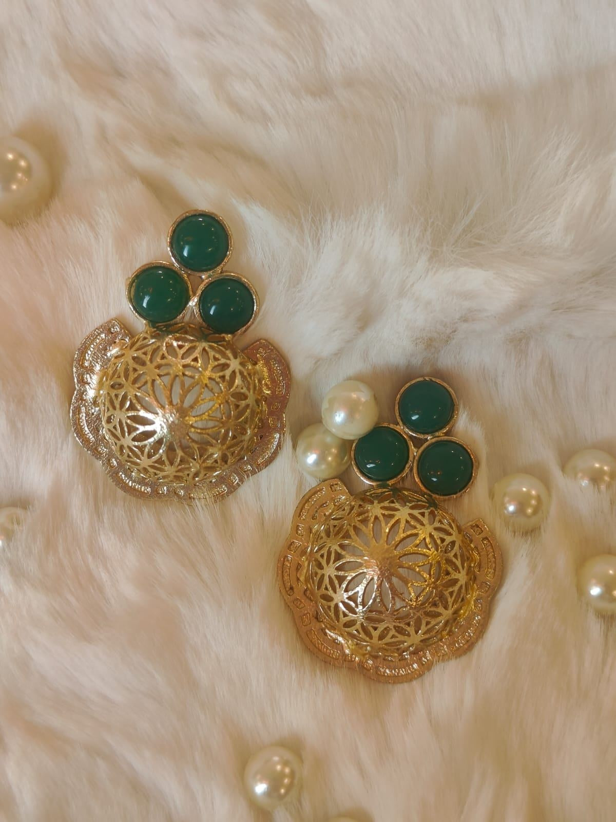 18 Kt Gold Plated Green dome earring Semi Precious stone
