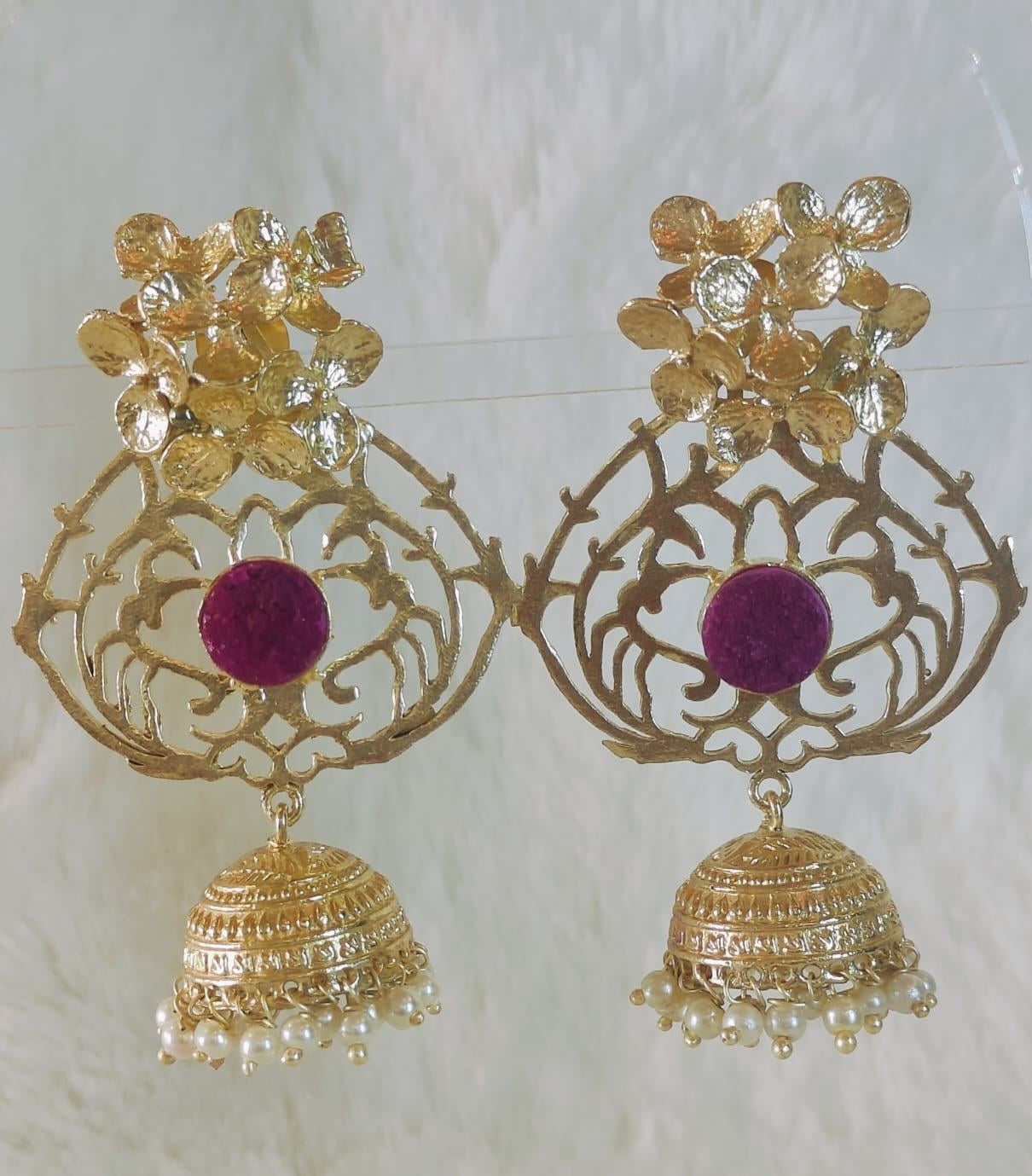 18 Kt Gold Plated Brass Jhumka - Stunning Pink Semi-Precious Stone - Perfect for Your Festivals Semi Precious stone