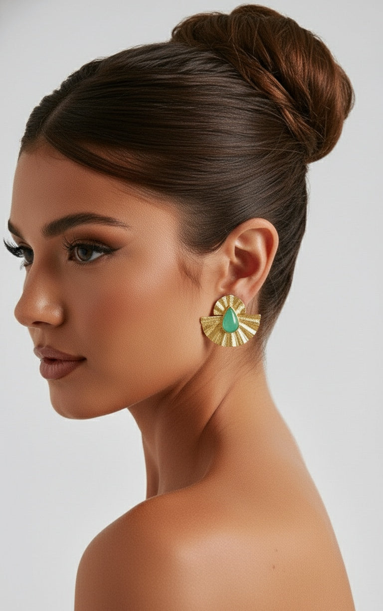 18 Kt Gold Plated fan green earring Semi Precious stone