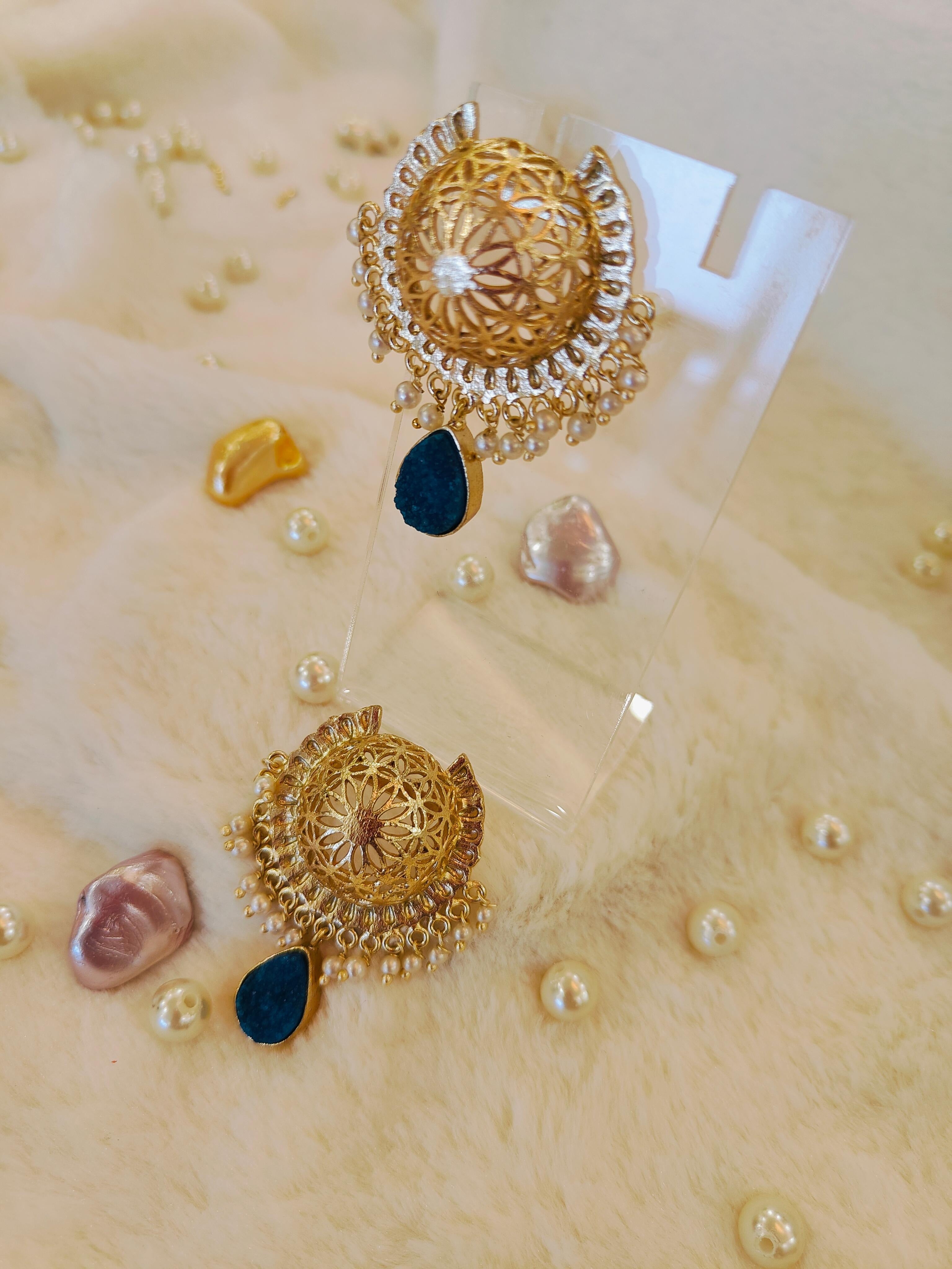 18 Kt Gold Plated dome earring royal blue druzy handing Semi Precious stone