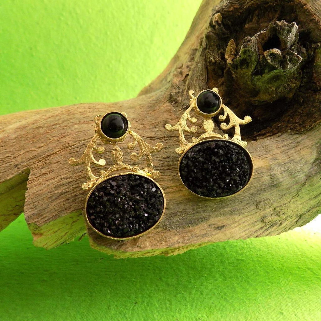 18 Kt Gold Plated Black Druzy earring - Perfect For Your Office Look Semi Precious stone