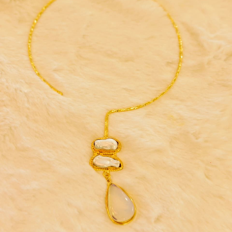 White stone drop with Mother of perl real stones, 18 Kt Gold Plated Pearl & White Stone Pendant Hasli Statement Necklace without earrings for Women