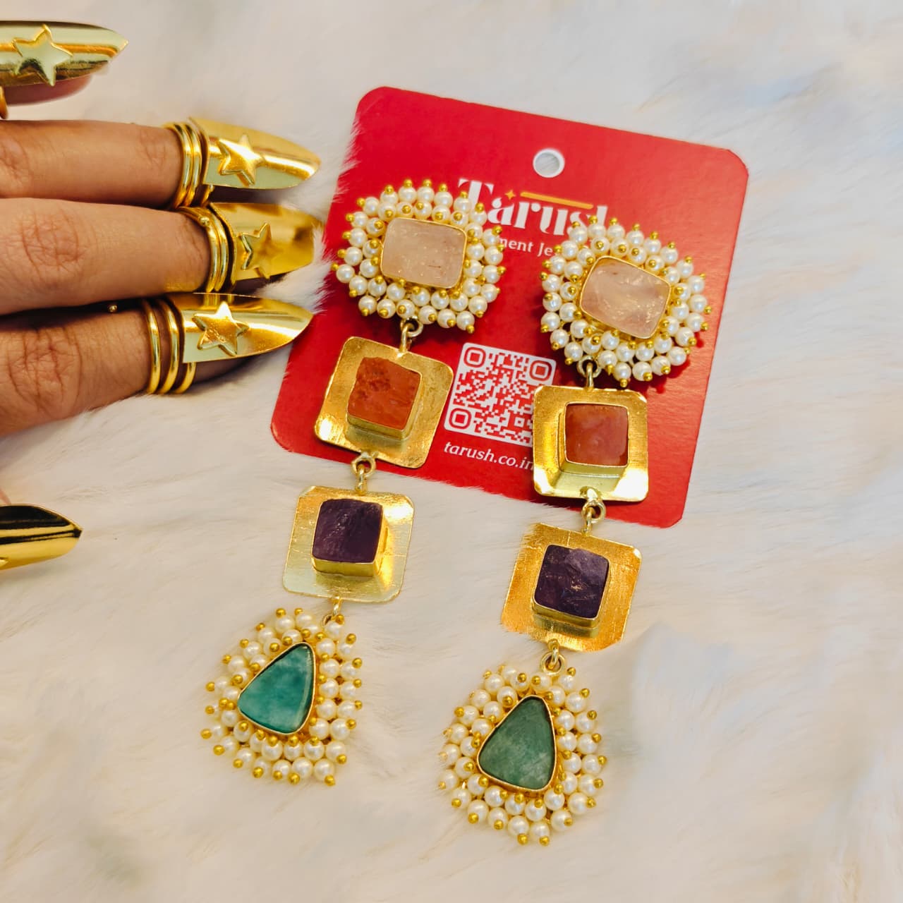Semi precious stone Earrings - 18 Kt Gold Plated Multi Semi precious Stone Pearl Drop Earrings for Women