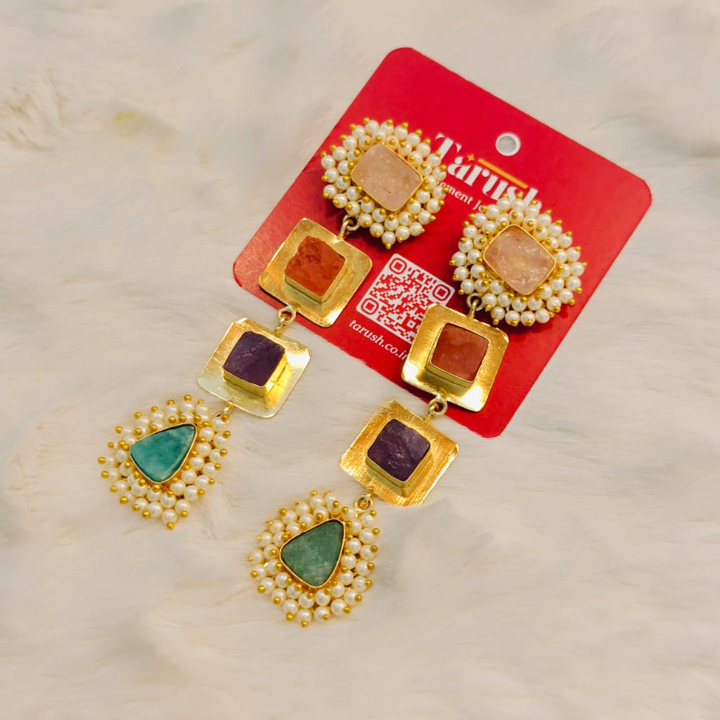 Semi precious stone Earrings - 18 Kt Gold Plated Multi Semi precious Stone Pearl Drop Earrings for Women