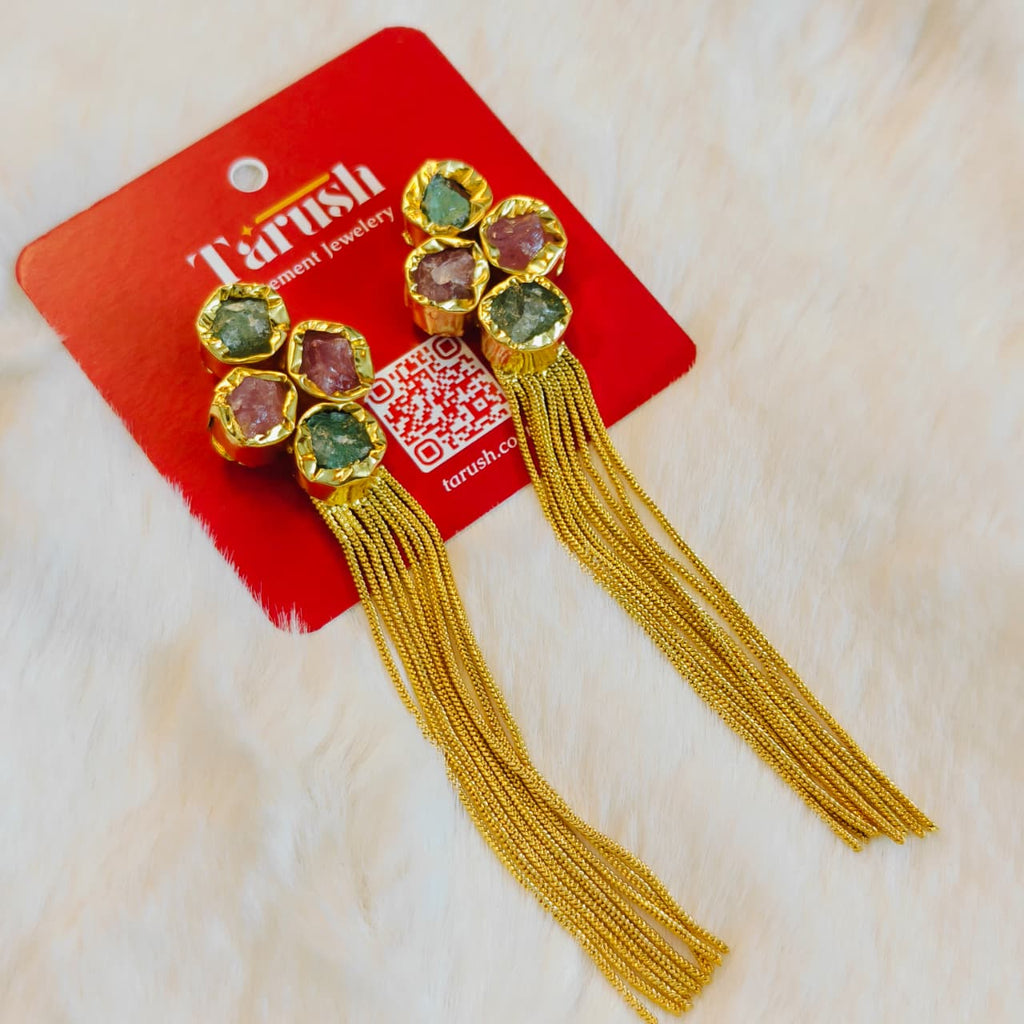 18 Kt Gold Plated Multi Colour Tassel Semi Precious Stone Tassel Earrings for Women - anti tarnish