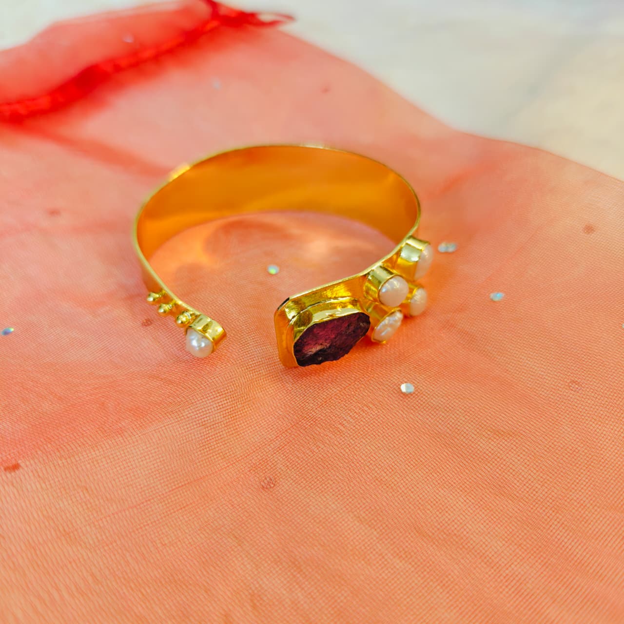 Semi Precious Banagle 18 Kt Gold Plated Pink Tourmaline & Pearl Open Cuff Kada for Women