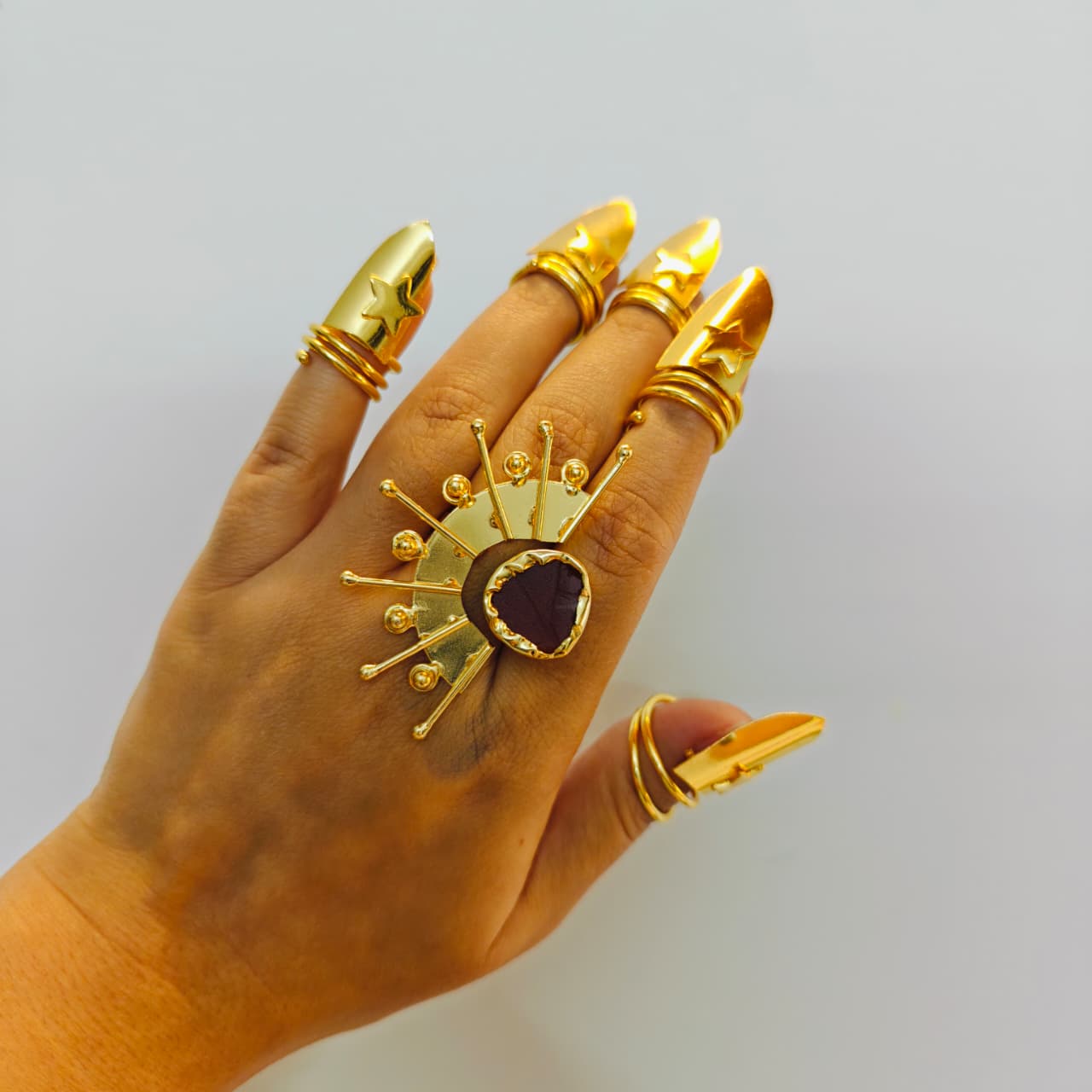 Bold Semi precious stone ring - 18 Kt Gold Plated Sunburst Statement Ring with Chocolate Brown Stone for Women