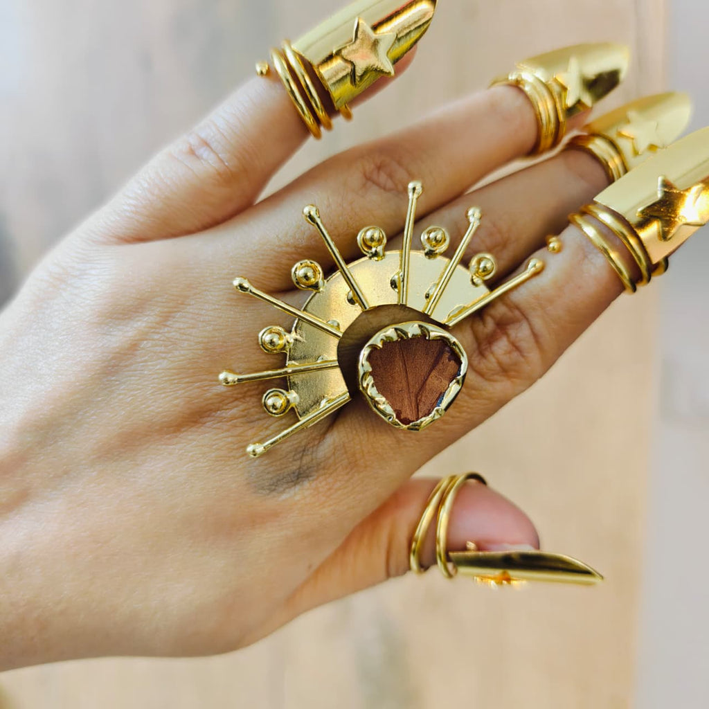 Bold Semi precious stone ring - 18 Kt Gold Plated Sunburst Statement Ring with Chocolate Brown Stone for Women