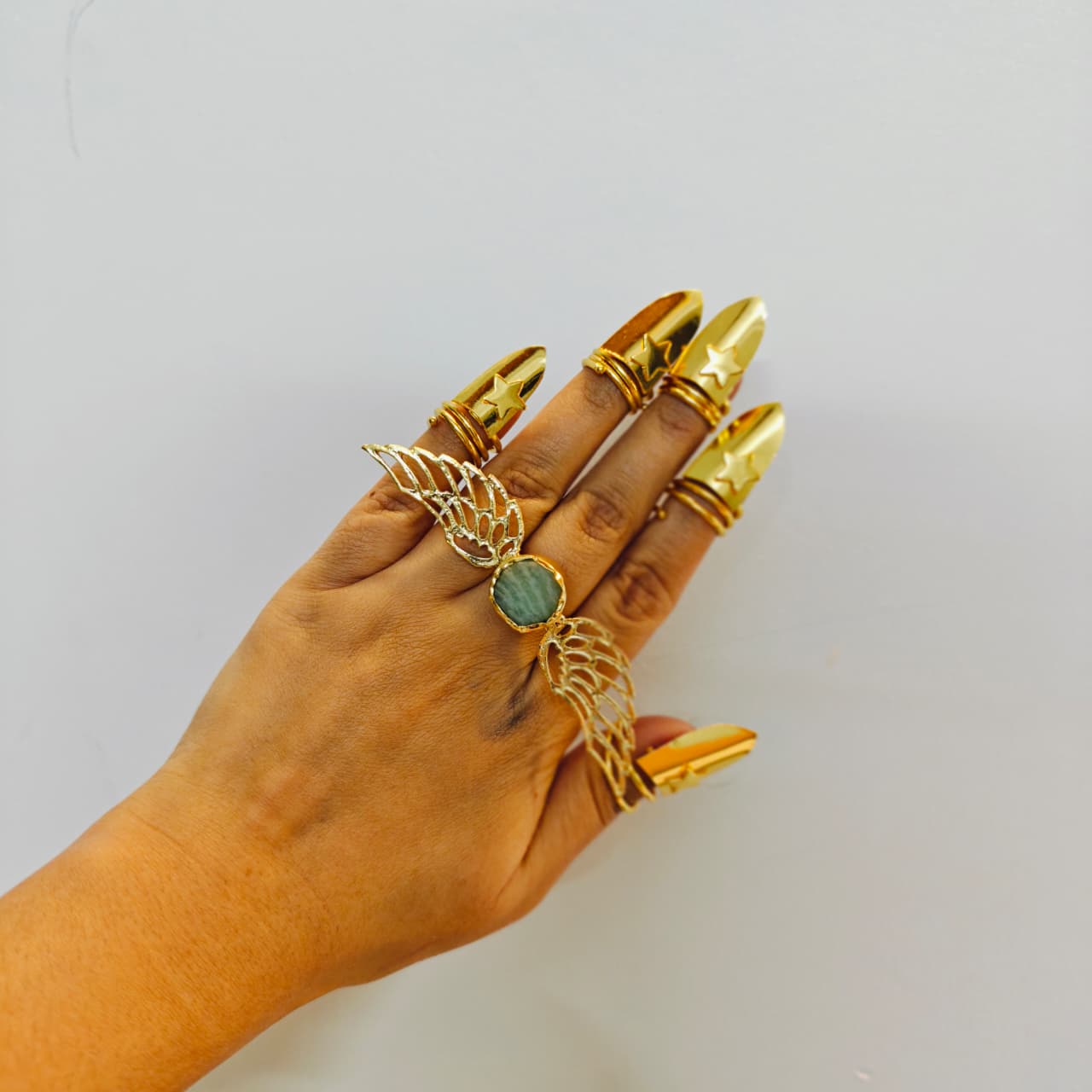 Green semi precious Brass Ring - 18 Kt Gold Plated Angel Wing Statement Ring for Women