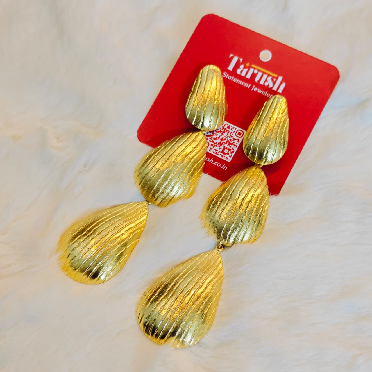 Gold Plated Bold Gold earrings , 18 Kt Gold Plated Textured Triple Drop Earrings for Women