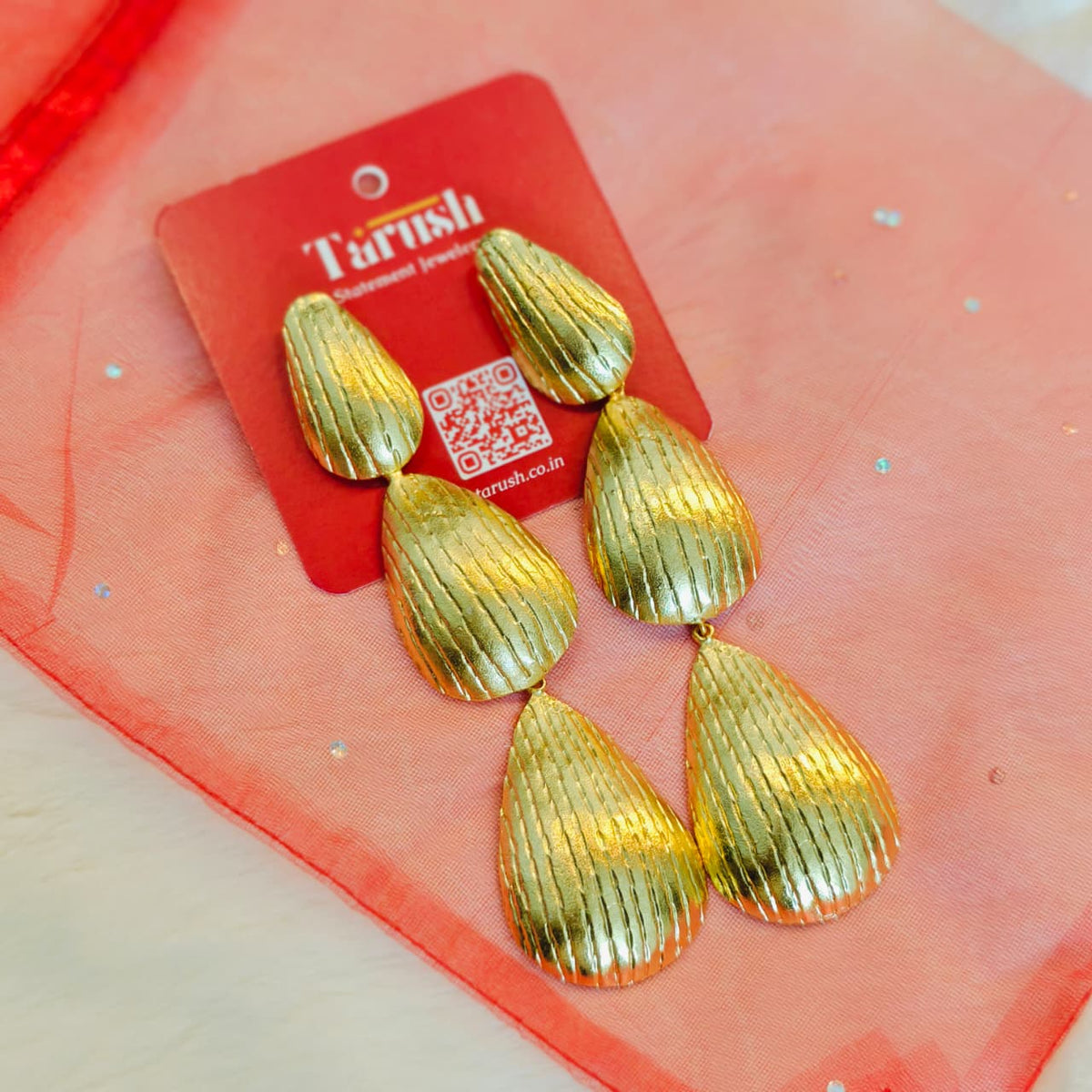 Gold Plated Bold Gold earrings , 18 Kt Gold Plated Textured Triple Drop Earrings for Women