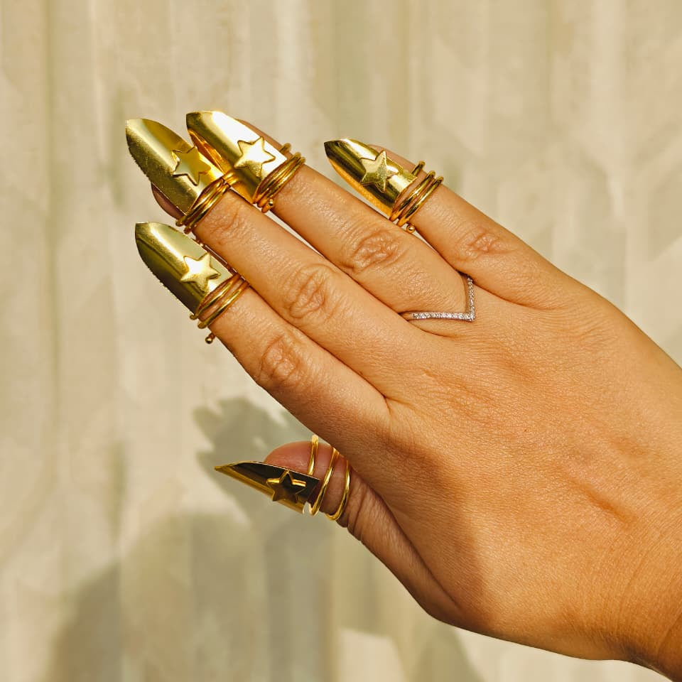 Nails Adjustable Ring made of Brass for that bold look - 10 pc in one set (for 2 hands) 18 Kt Gold Plated Star Shield Fingertip Ring Set for Women