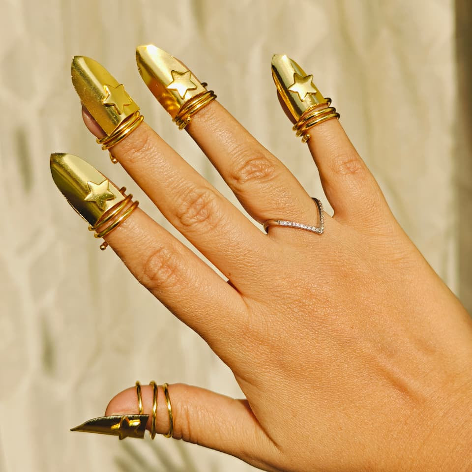 Nails Adjustable Ring made of Brass for that bold look - 10 pc in one set (for 2 hands) 18 Kt Gold Plated Star Shield Fingertip Ring Set for Women