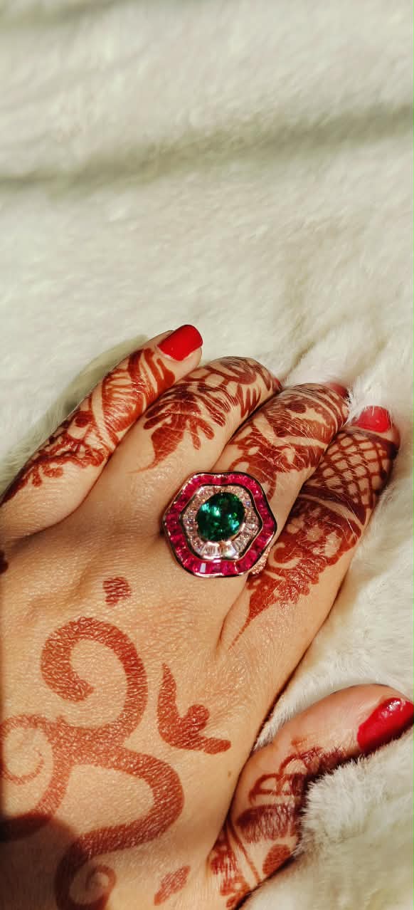 Glamorous Red and Green Diamond Look (DIAMOND REPLICA) Ring | Stainless Steel Anti Tarnish Adjustable Ring