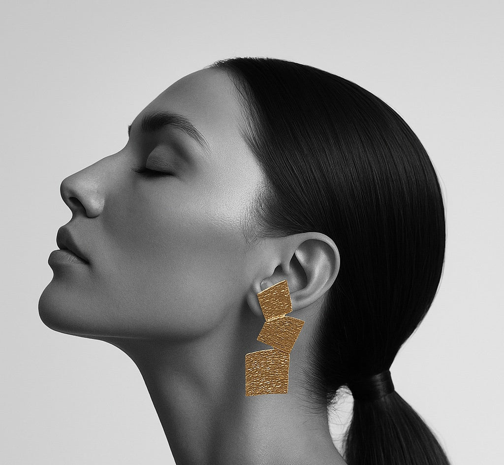 18 Kt Gold Plated, Light, Non-Allergic Brass Earring - Three layer earring - Perfect for your Everyday Look Semi Precious stone