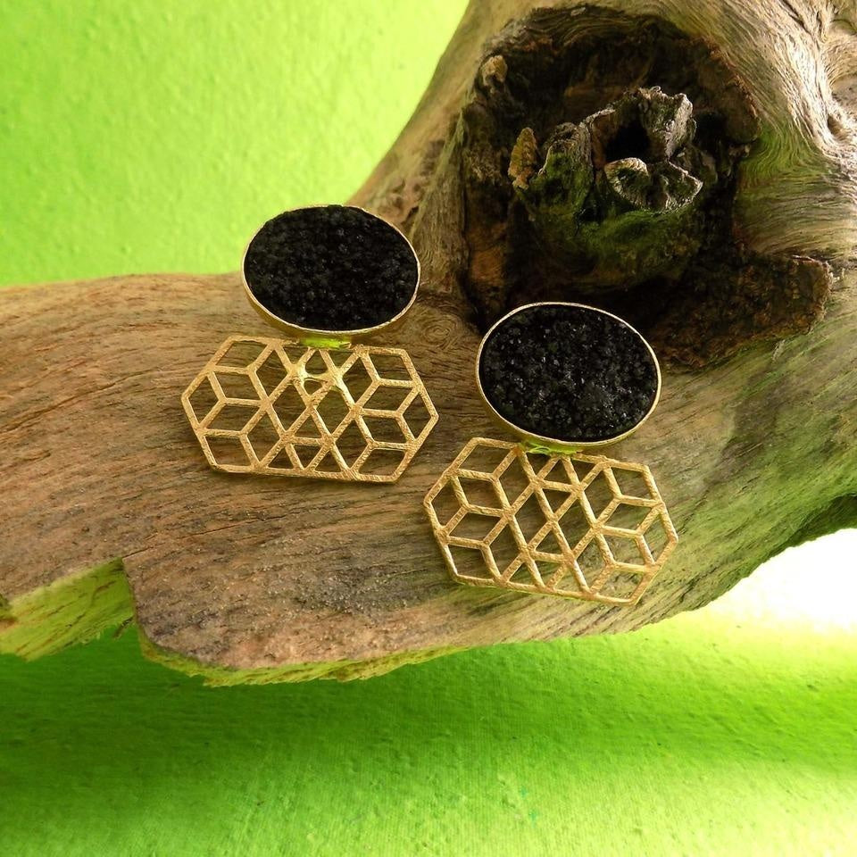 18 Kt Gold Plated Brass Earrings with a black semi-precious stone—lightweight  - Perfect for Your Office Wear Semi Precious stone