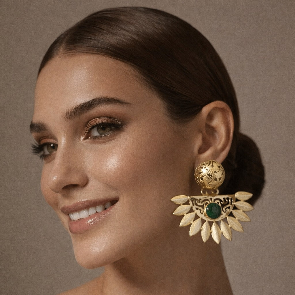 18 Kt Gold Plated Earrings Decorated with Natural Semi-Precious Green Druzy Stone - Perfect for Your Festivals Semi Precious stone