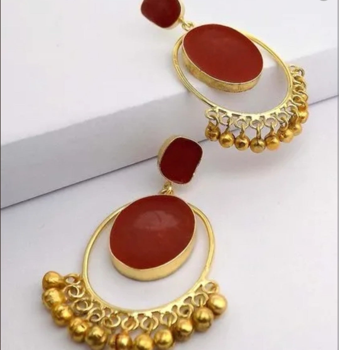 18 Kt Gold Plated Red Ghungroo Jhumka Earring Semi Precious stone