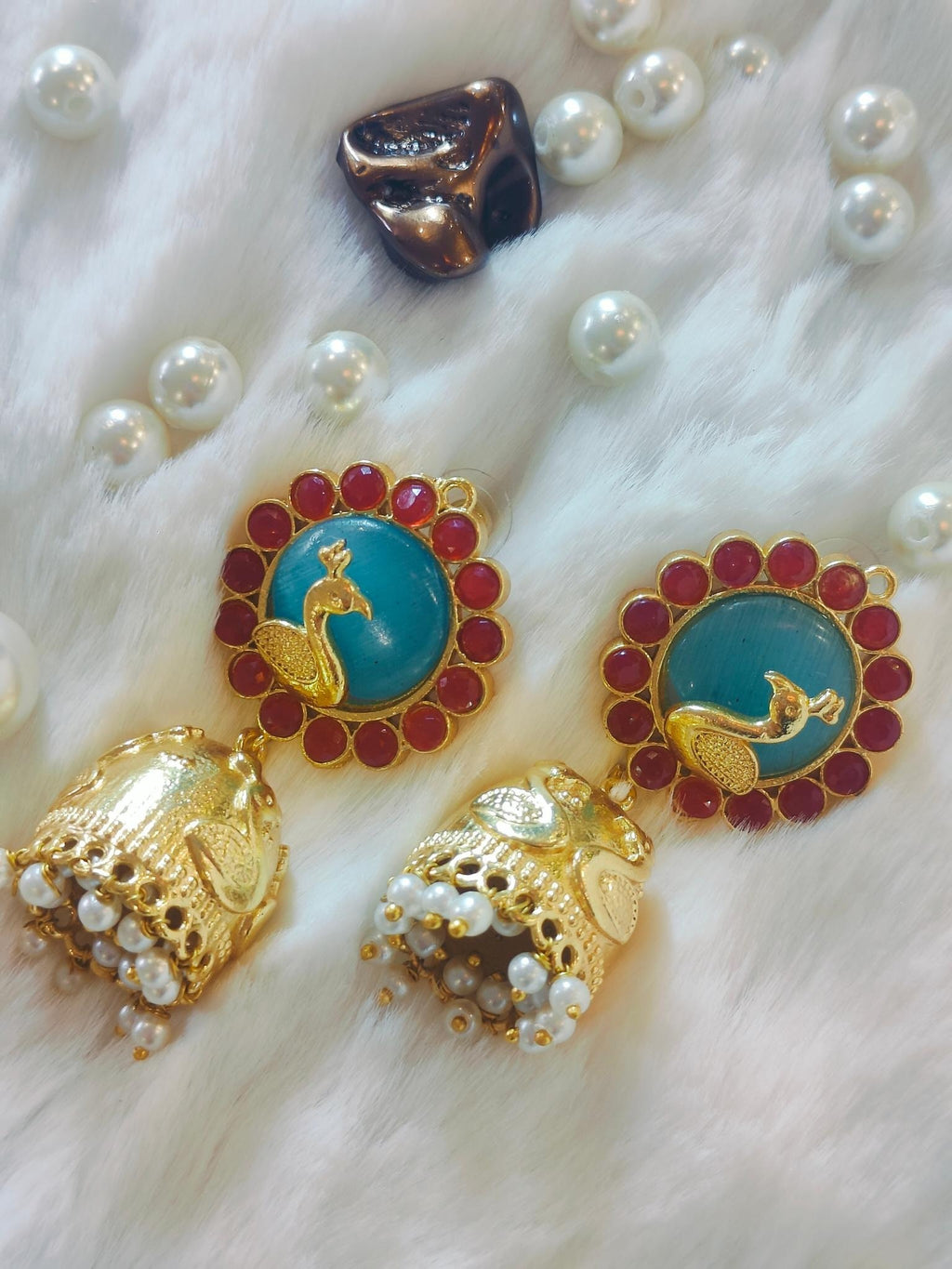 18 Kt Gold Plated Peacock Jhumka Semi Precious stone