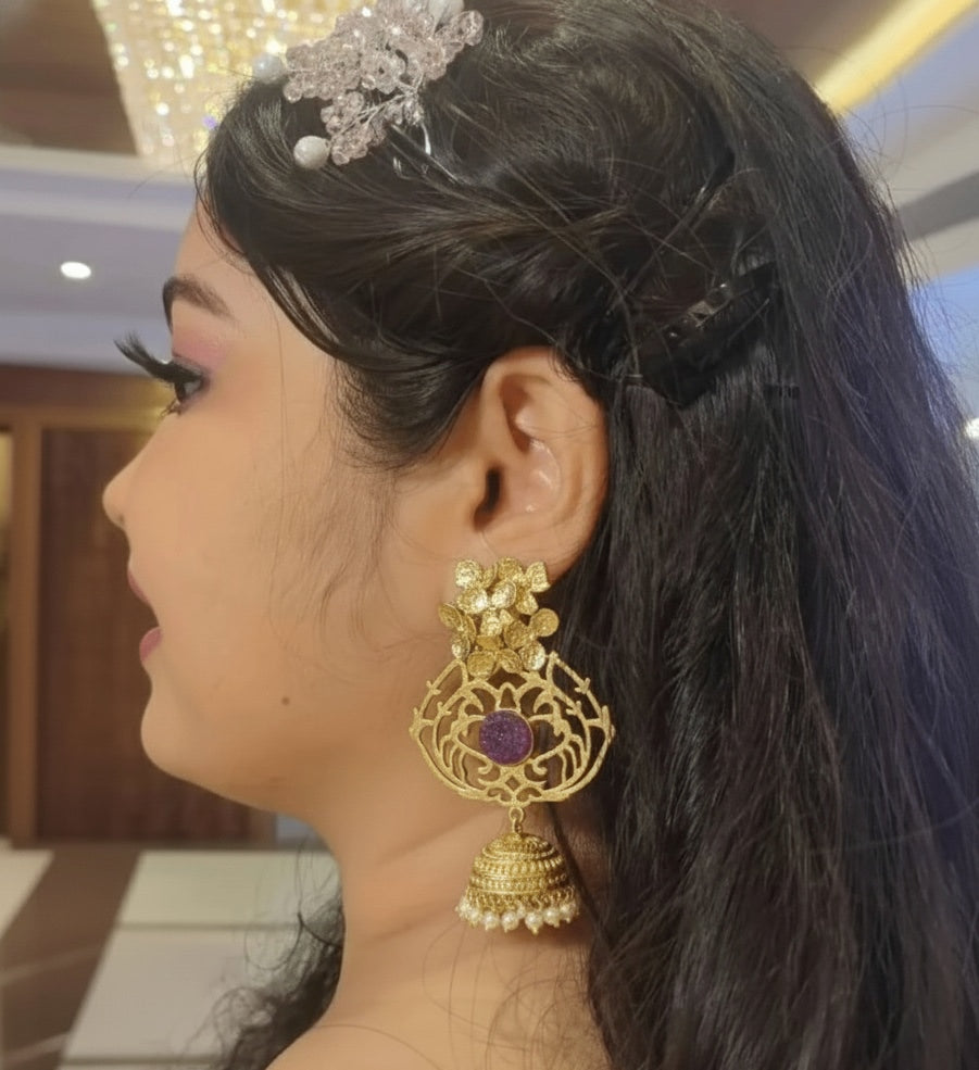 18 Kt Gold Plated Brass Jhumka - Stunning Pink Semi-Precious Stone - Perfect for Your Festivals Semi Precious stone