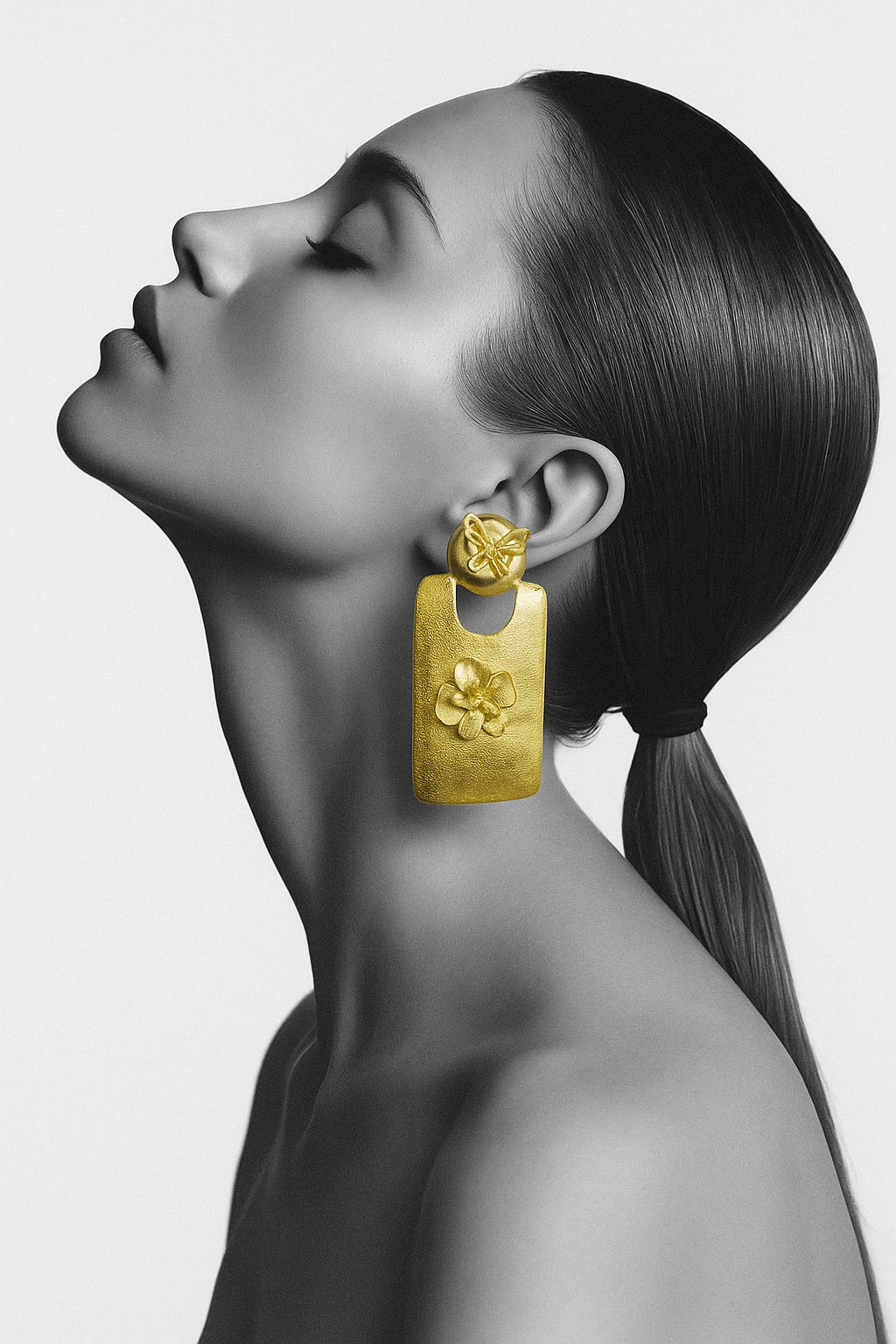 18 Kt Gold Plated Gold big Rectangle with flower earring Semi Precious stone