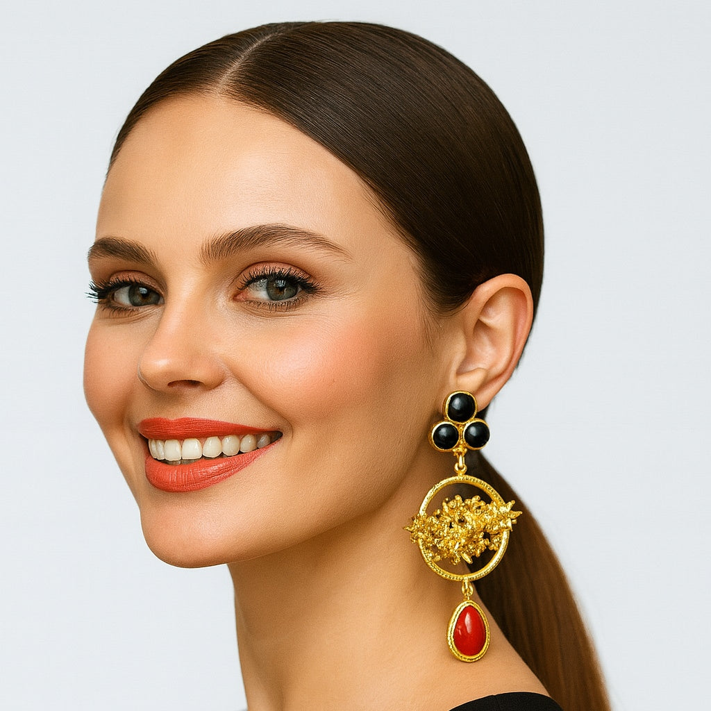 18 Kt Gold Plated Red and Black Earring - Make a Statement Semi Precious stone