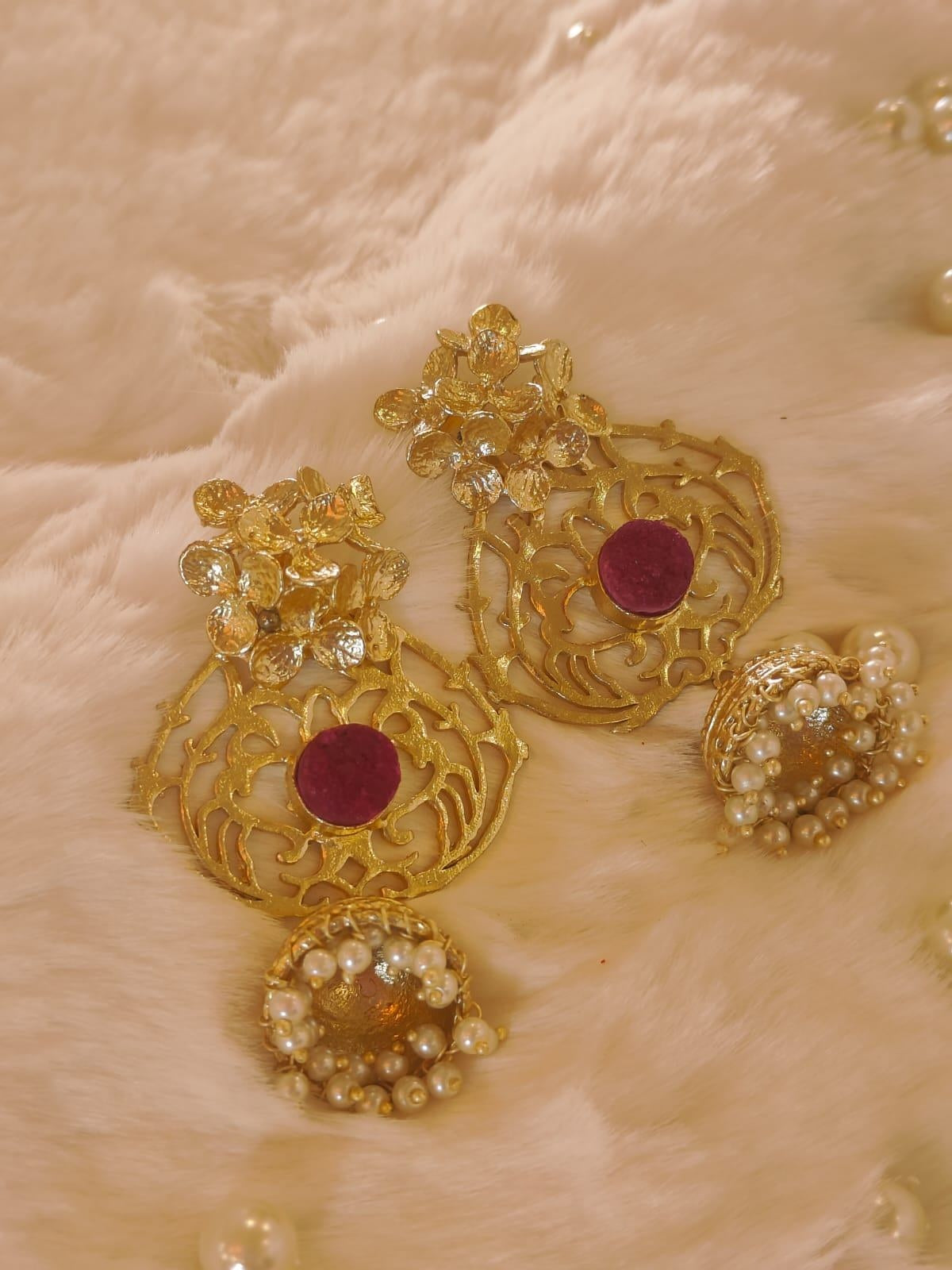 18 Kt Gold Plated Brass Jhumka - Stunning Pink Semi-Precious Stone - Perfect for Your Festivals Semi Precious stone