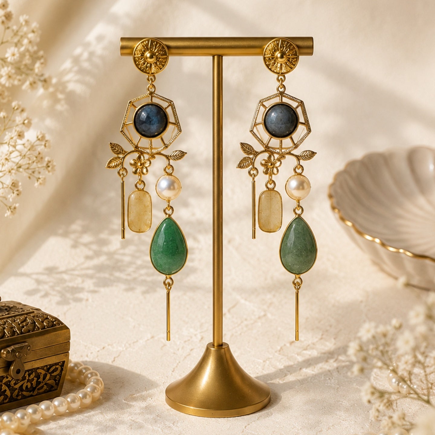 Midnight Bloom Earrings - 18 Kt Gold Pated - Decorated with Semi precious stones - Perfect for all occasions