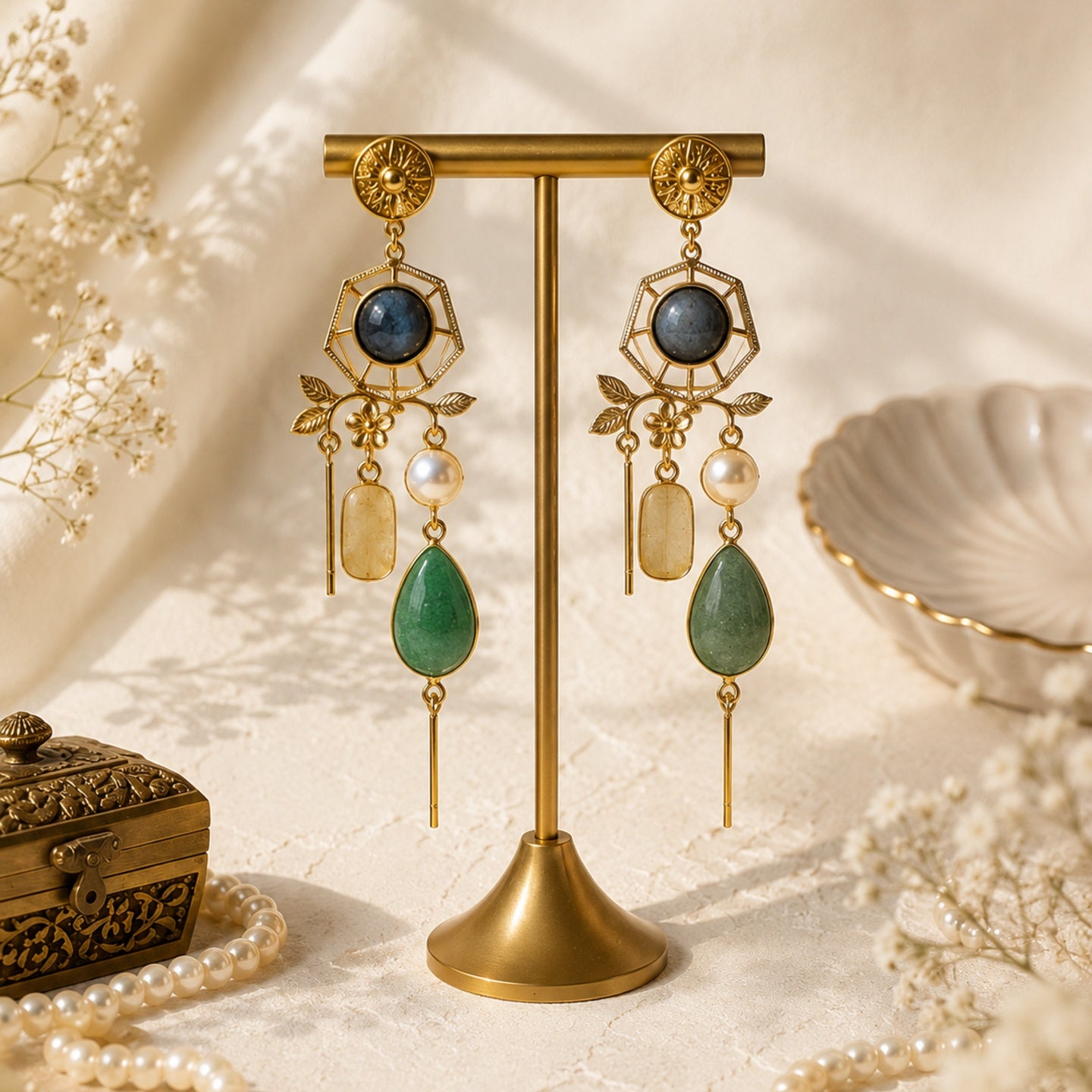 Midnight Bloom Earrings - 18 Kt Gold Pated - Decorated with Semi precious stones - Perfect for all occasions
