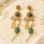 Midnight Bloom Earrings - 18 Kt Gold Pated - Decorated with Semi precious stones - Perfect for all occasions