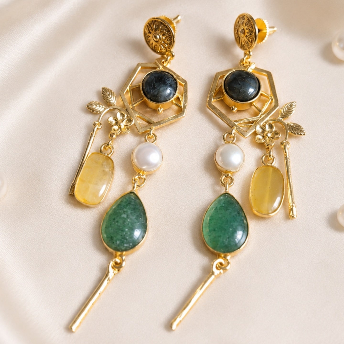 Midnight Bloom Earrings - 18 Kt Gold Pated - Decorated with Semi precious stones - Perfect for all occasions