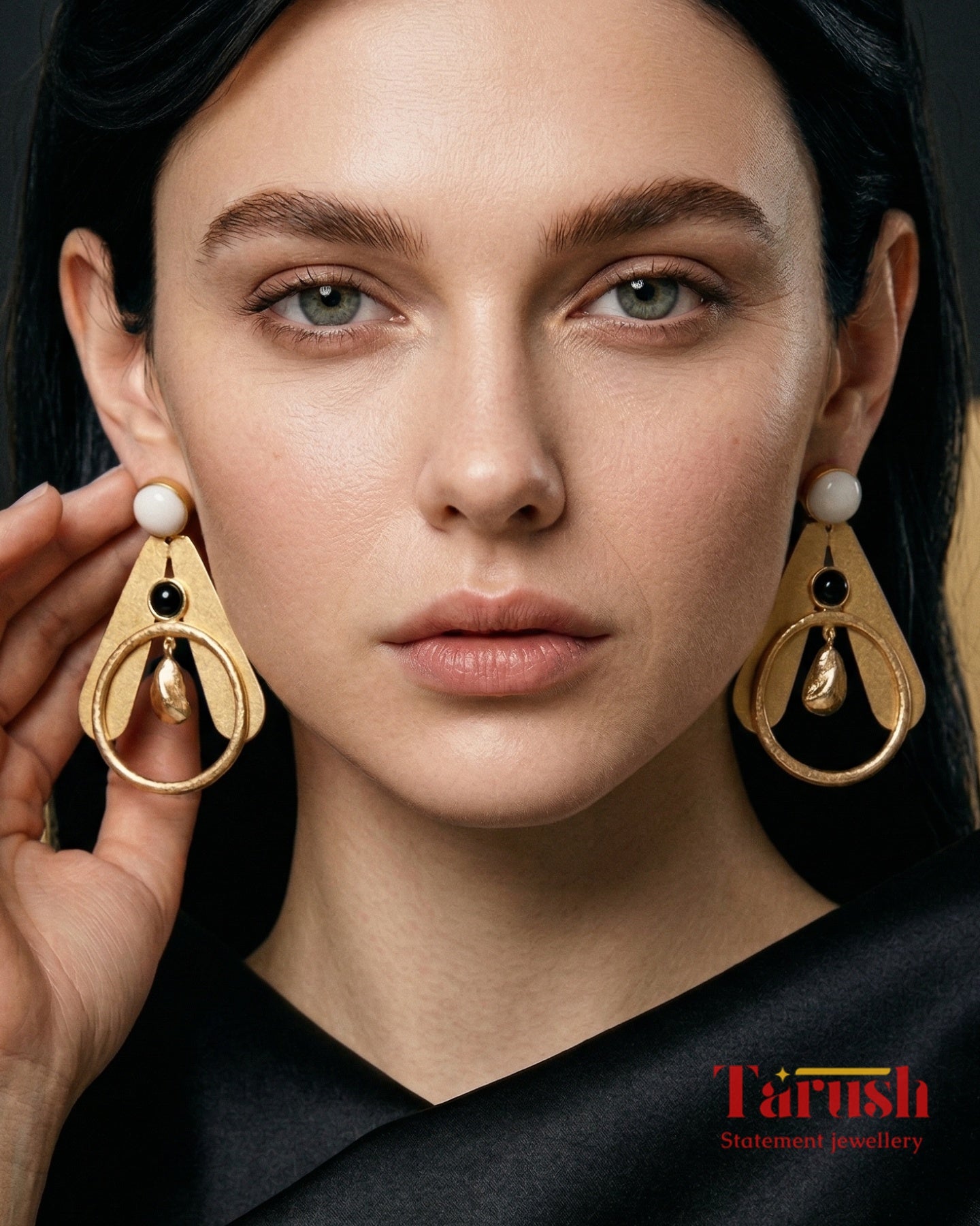 18 Kt Gold Plated Earrings - Statement Earring - Black and White - Shape in A Earring