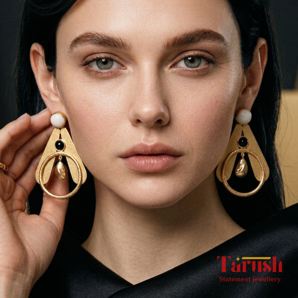 18 Kt Gold Plated Earrings - Statement Earring - Black and White - Shape in A Earring