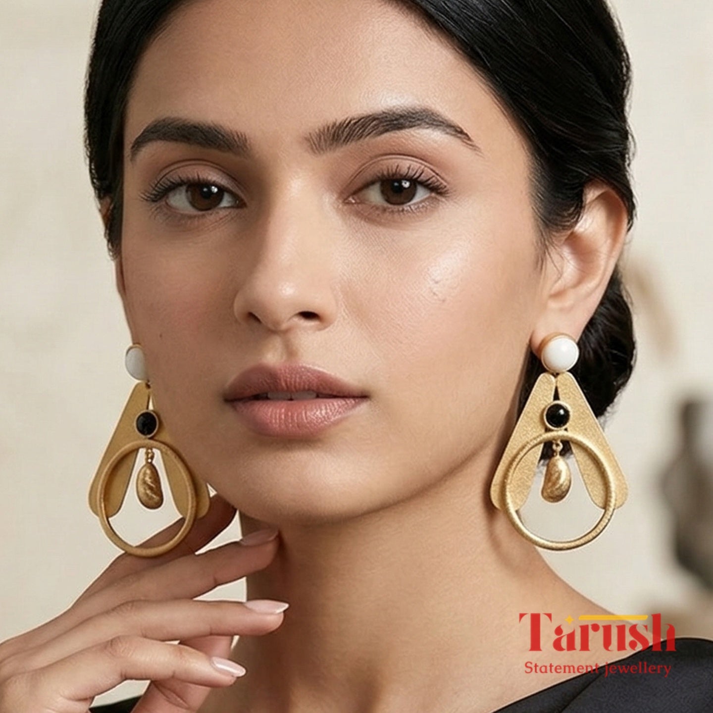 18 Kt Gold Plated Earrings - Statement Earring - Black and White - Shape in A Earring