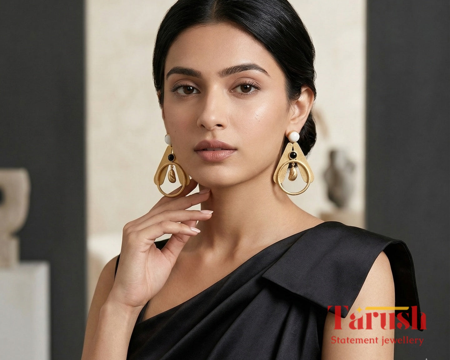 18 Kt Gold Plated Earrings - Statement Earring - Black and White - Shape in A Earring