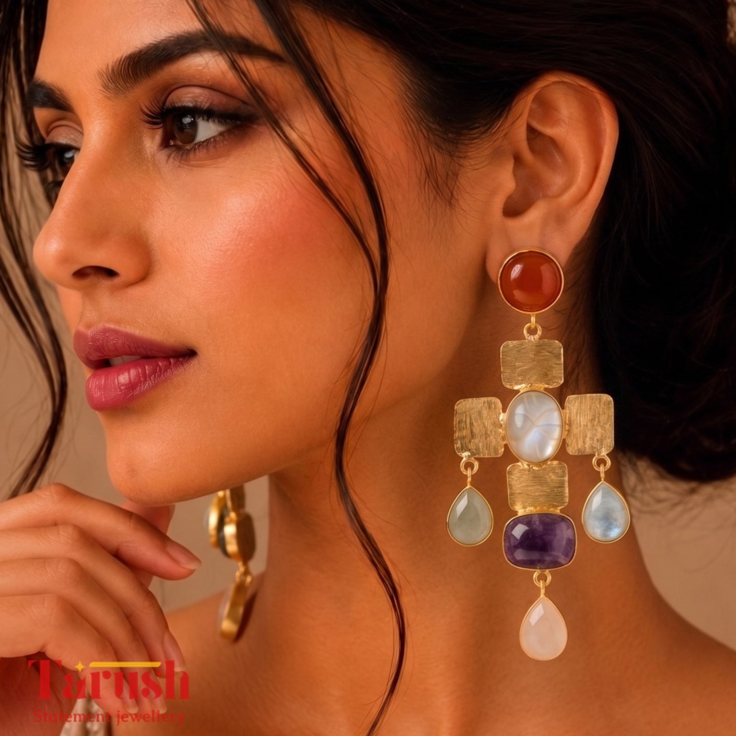 Tarush Multi-Stone Geometric Drop Earrings - Indo-Western Statement Jewellery - Stones Colour May Vary