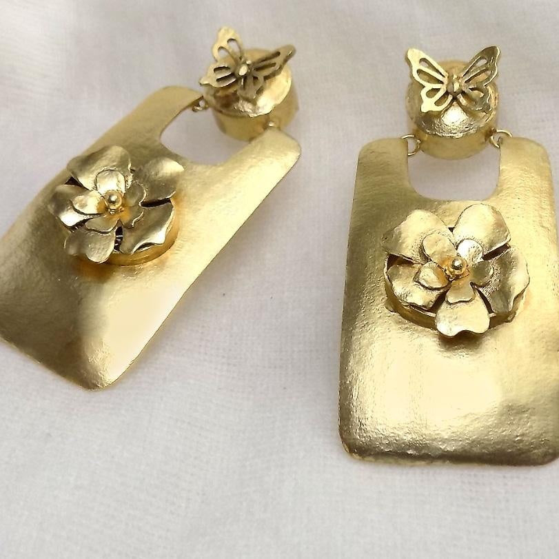 18 Kt Gold Plated Gold big Rectangle with flower earring Semi Precious stone