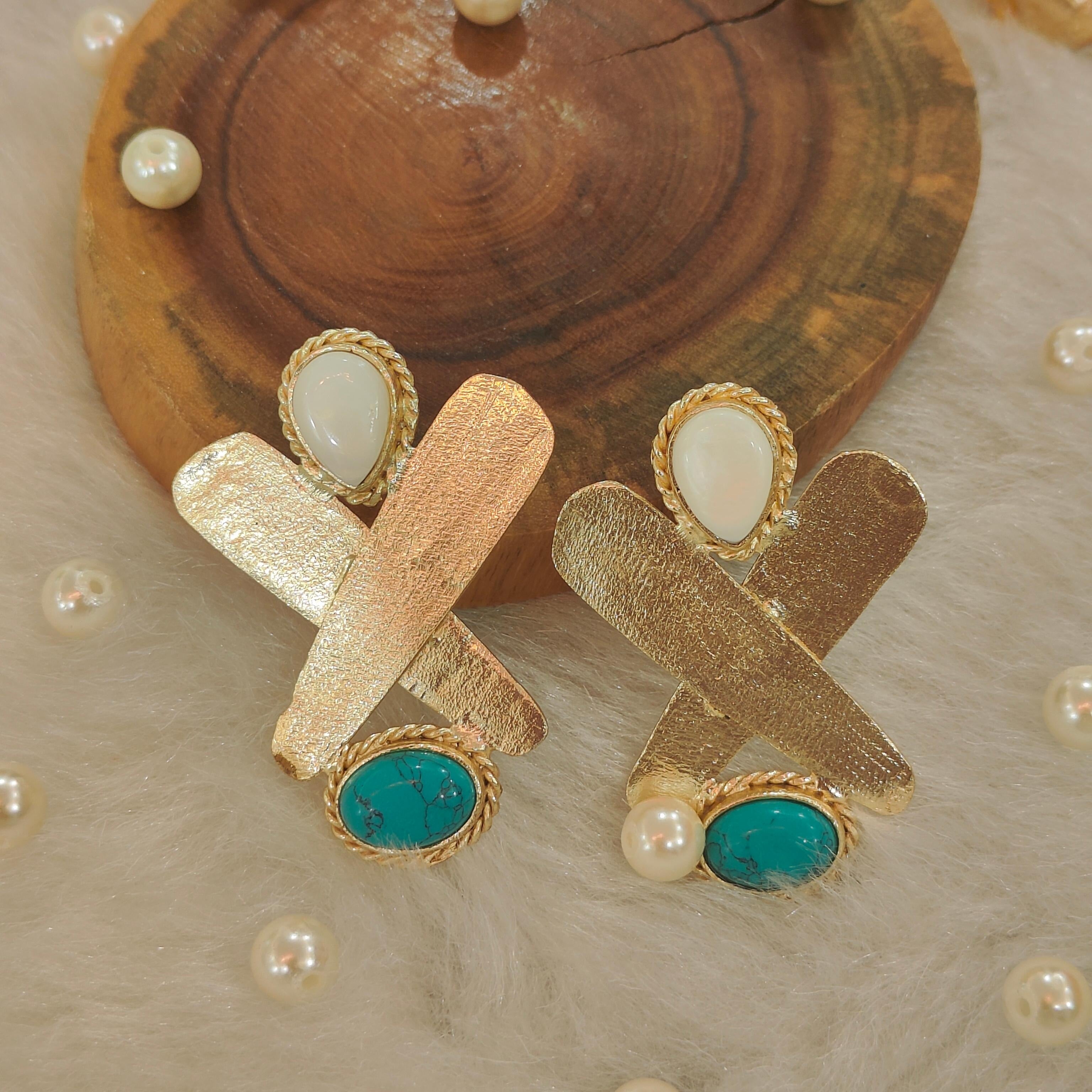 Statement 18 Kt Gold Plated - X Blue Turquoise earring - Make a Statement
